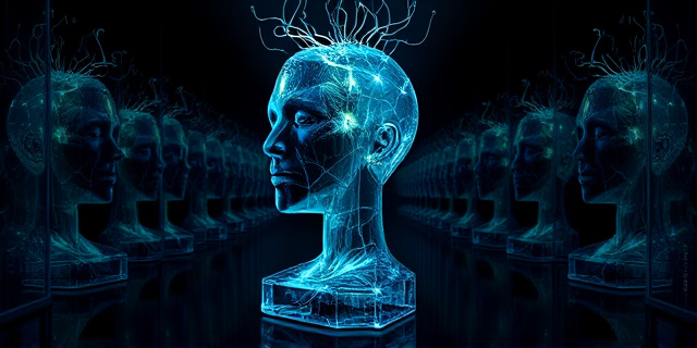 Una ilustración conceptual y surrealista de un busto humano hecho de cristal fragmentado, reflejando infinitas versiones de sí mismo en un pasillo de espejos oscuros. Desde la nuca del busto emergen cables de fibra óptica brillantes que se transforman en raíces que atrapan la figura. Estilo digital art, atmósfera claustrofóbica, iluminación fría y contrastes marcados.