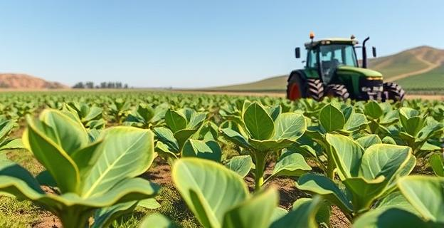 Imagen de un campo de tabaco en Extremadura con plantas de tabaco en primer plano y un tractor en el fondo, bajo un cielo despejado