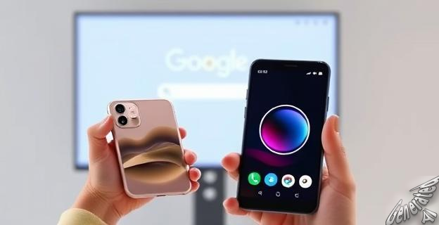 Una persona sostiene un iPhone y un Pixel, con una pantalla de Google en el fondo mostrando la función 