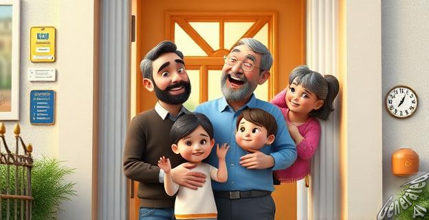 Una imagen de un padre con su hijo en la puerta de un colegio, con diferentes expresiones faciales reflejando los siete tipos de padres descritos.