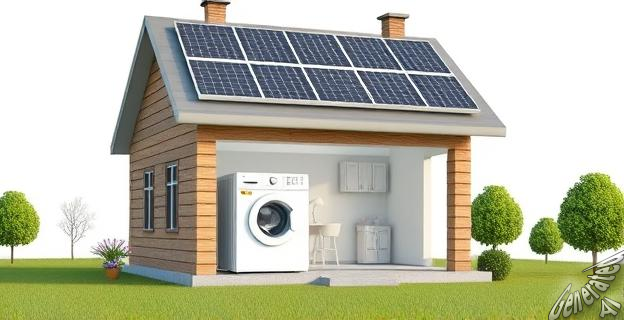 Una vivienda con paneles solares en el techo y una lavadora funcionando en el interior