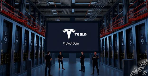 Un imagen de un gran centro de datos con servidores y cables, con una pantalla gigante que muestra el logo de Tesla y el texto 