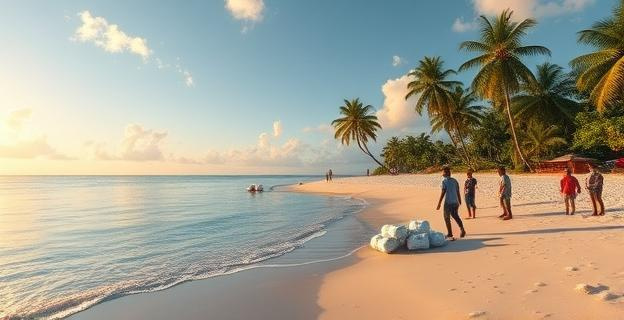 Isla paradisíaca con fardos de cocaína en la orilla y personas recogiendo la droga en la playa
