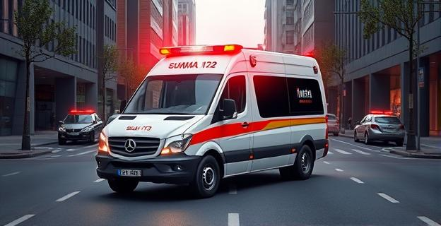 Imagen de una ambulancia del SUMMA 112 en una calle urbana con luces de emergencia