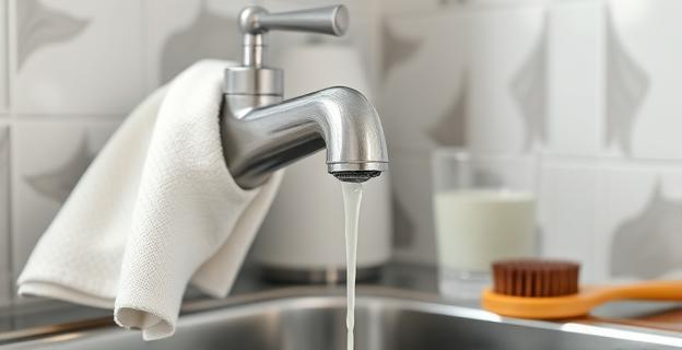 Imagen de un grifo de cocina con manchas de cal y un trapo envuelto alrededor, con vinagre blanco goteando sobre él. Al lado, un vaso con vinagre y un cepillo para frotar.