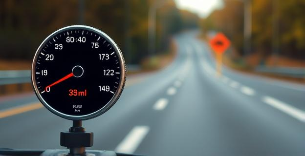 Imagen de un radar de velocidad en una carretera con un fondo borroso y una señal de velocidad visible en la distancia.