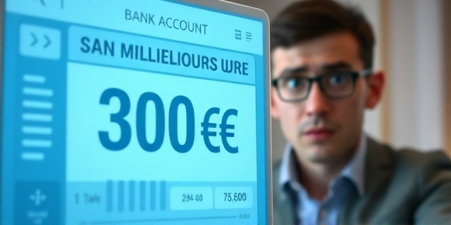 Una imagen de una cuenta bancaria con un saldo de 30 millones de euros, con una persona en el fondo que parece preocupada y desconcertada