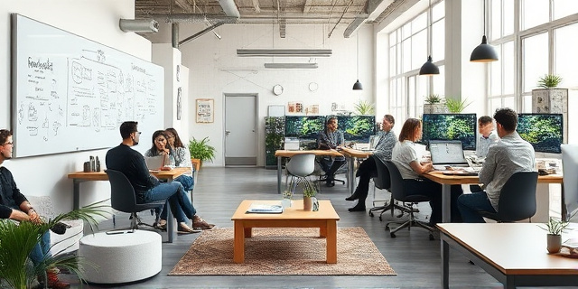Un despacho de oficina moderno con mesas de trabajo abiertas, una pizarra llena de diagramas y grafitis de frases motivacionales, gente de diversas edades y estilos colaborando alrededor de una mesa de café, luz natural entrando por ventanas altas, ambiente urbano con un toque de creatividad y desorden ordenado.