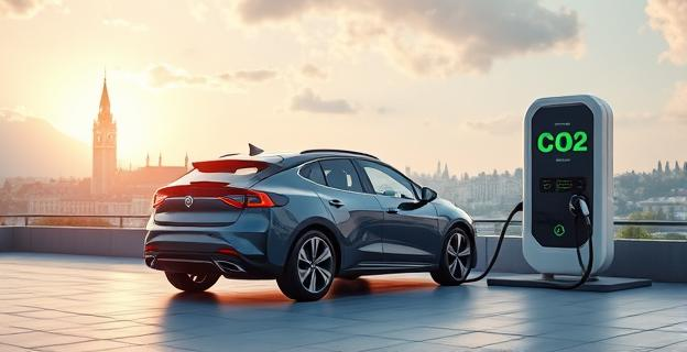 Imagen de un coche eléctrico siendo cargado en una estación de carga futurista con un fondo de ciudades europeas y gráficos de emisiones de CO2 descendiendo