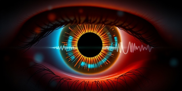 una vista aérea de un ojo humano iluminado con circuitos neuronales, mostrando una capa de lágrimas como un velo, con un pulso de luz que representa el parpadeo, sin rostros ni textos