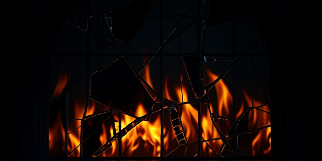 Una imagen abstracta que represente el fuego consumiendo símbolos religiosos, pero sin mostrar edificios específicos ni figuras humanas. Colores cálidos y oscuros predominantes, con un estilo pictórico que evoque la angustia y la pérdida. Texturas rugosas y pinceladas expresivas que sugieran la violencia y la destrucción.