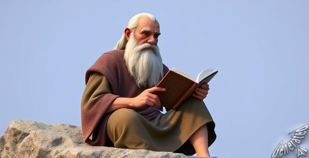 Un hombre anciano con barba larga y canosa, vestido con túnica antigua, sentado en una roca, reflexionando sobre un libro.