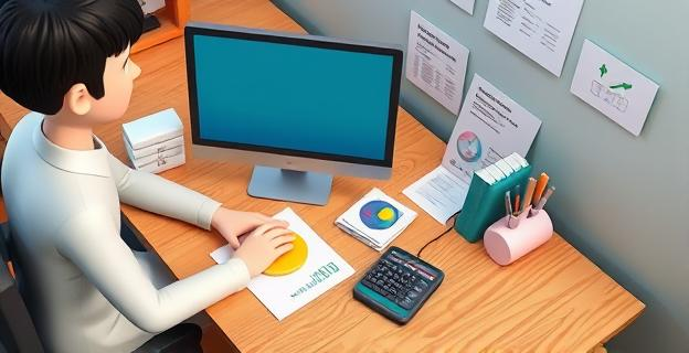 Imagen de una persona sentada en un escritorio con un ordenador y una calculadora, rodeada de papeles con información sobre transferencias bancarias y declaraciones de impuestos.