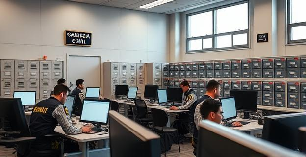 Edificio oficial en Madrid con agentes de la Guardia Civil registrando documentos en una sala llena de ordenadores y archivadores