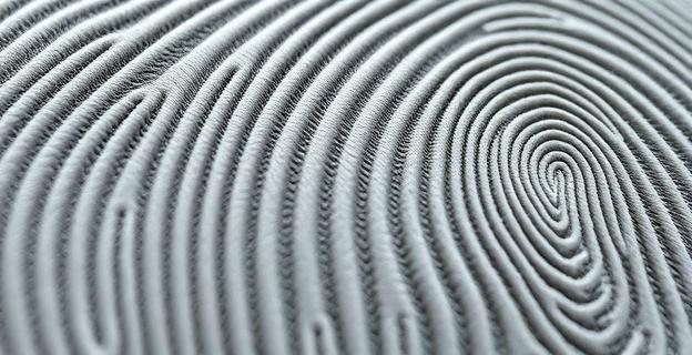 Imagen detallada de huellas dactilares únicas con crestas papilares y surcos, mostrando diferentes patrones de espirales y ramificaciones en una superficie táctil