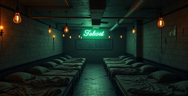 Un sótano húmedo y oscuro con cubículos de colchones plastificados y mantas sucias, bombillas colgando del techo, un ambiente sórdido y sin ventilación, con un cartel de neón verde apagado en la fachada