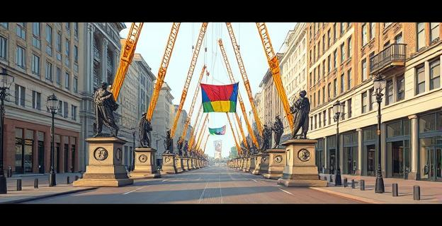 Imagen de un paseo urbano con estatuas siendo retiradas con grúas y estructuras de protección, sin personas visibles