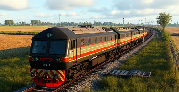 Una imagen de un tren descarrilado en un paisaje rural con una vía férrea dañada al fondo, con un ambiente de investigación y búsqueda de pruebas.