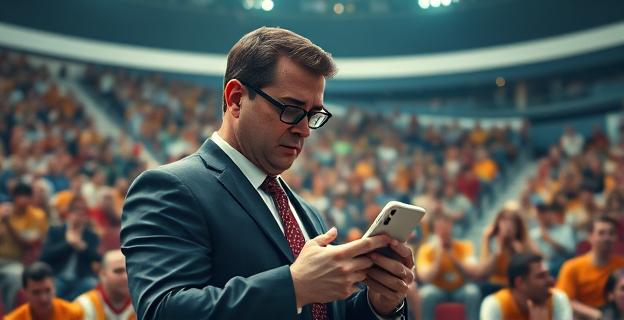 Imagen de un fiscal trabajando en su teléfono móvil en un estadio de fútbol lleno de aficionados, con expresión de concentración en un ambiente ruidoso.