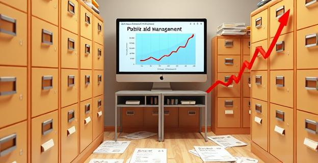 Una sala llena de archivadores con documentos de subvenciones y una pantalla de ordenador mostrando una aplicación de gestión de ayudas públicas. Al fondo, un gráfico que muestra un aumento en la transparencia y eficiencia en la gestión de fondos públicos.