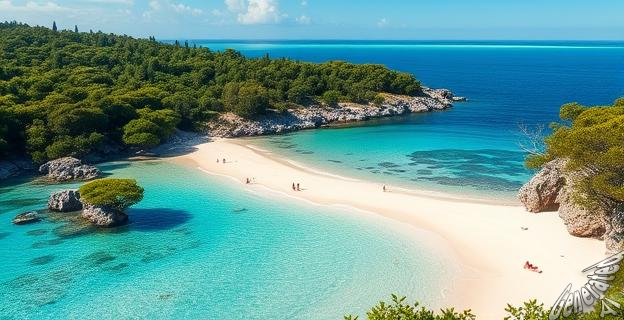 Imagen de una playa de aguas cristalinas y arena blanca, rodeada de naturaleza exuberante, con personas disfrutando del sol y el mar en un entorno protegido.