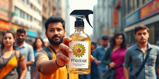 Una escena callejera vibrante donde un vendedor de productos naturales sostiene una botella de spray etiquetada con un logotipo abstracto, rodeada de plantas como rhodiola y ashwagandha, con una ciudad de fondo y personas con expresiones de tensión y alivio, sin rostros identificables.