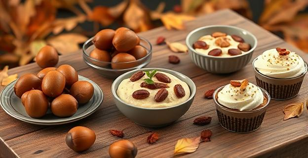 Una mesa con diferentes preparaciones de castañas: asadas, en puré, en crema y en postres, con un ambiente otoñal de fondo con hojas secas y colores cálidos.