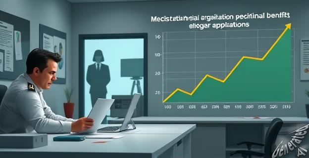 Una escena que muestra una oficina municipal con un funcionario tramitando empadronamientos, mientras una organización criminal observa en la sombra. Al fondo, un gráfico que muestra el aumento de solicitudes de prestaciones sociales.