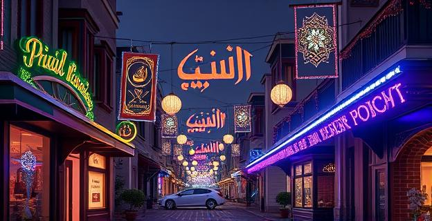 Iluminación urbana festiva en barrios multiculturales con decoraciones islámicas y luces especiales