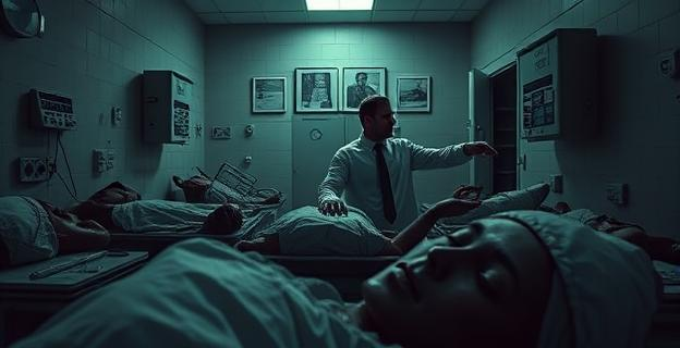 Una morgue con restos humanos y un hombre y una mujer sacando partes de cadáveres de manera sospechosa, con un ambiente oscuro y sombrío