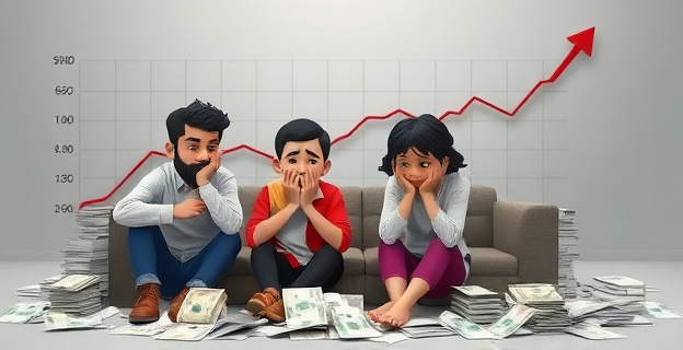 Una representación visual de una familia española endeudada rodeada de facturas y recibos, con una gráfica de fondo que muestra el aumento del crédito al consumo y la disminución del ahorro, en un tono grisáceo que refleje la incertidumbre económica.