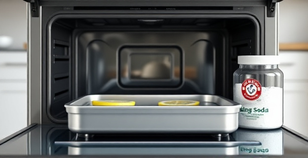 Imagen de un horno limpio y brillante con una bandeja dentro llena de agua, rodajas de limón y bicarbonato sódico. Al lado, un recipiente con sal gorda. El fondo muestra una cocina limpia y organizada.