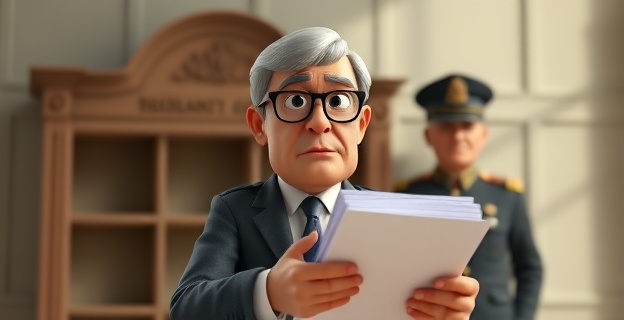 Un político con expresión seria y un montón de documentos en sus manos, con un armario vacío detrás de él y una sombra de un militar con expresión de descontento al fondo.