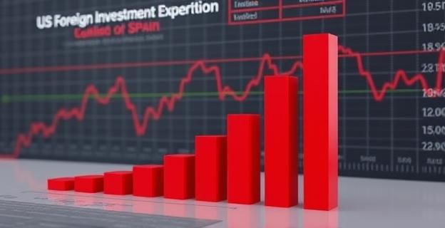 Gráfico mostrando la caída de la inversión extranjera de EEUU en España con barras rojas y un fondo de gráfico económico