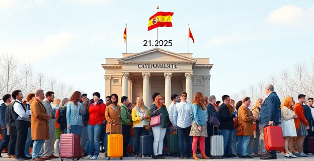 Una multitud de personas de diferentes etnias y edades, con maletas y bolsas, esperando en una cola frente a un edificio gubernamental con una bandera de España ondeando en el mástil. Al fondo, un gran reloj marca la fecha límite del 31 de diciembre de 2025.