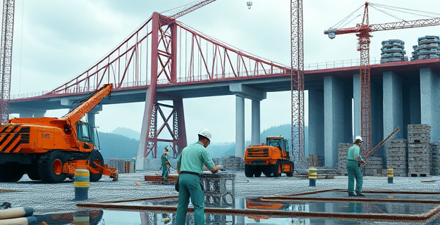 Imagen conceptual de una obra de construcción con trabajadores y maquinaria pesada, con un puente al fondo y una atmósfera de tensión laboral