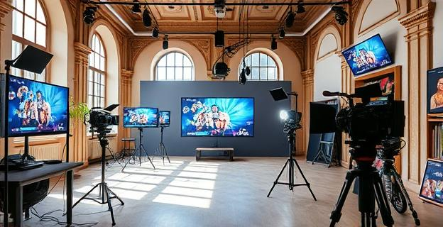 Un espacio moderno y luminoso con equipos de grabación y edición de video, rodeado de pantallas mostrando contenido en catalán, en un edificio histórico de Barcelona.