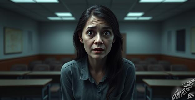 Una imagen oscura y perturbadora de una maestra en un aula vacía con una expresión de miedo y confusión en su rostro.