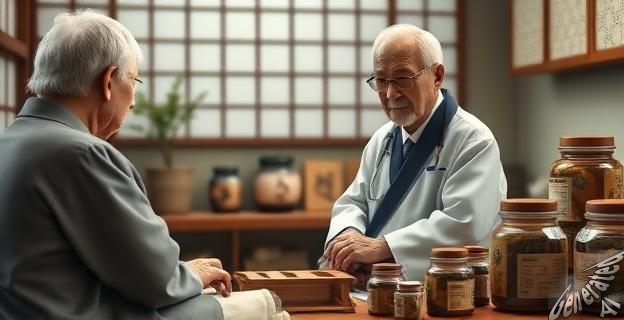Una imagen de un médico japonés en una consulta, con un anciano paciente, rodeados de frascos de hierbas medicinales.