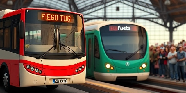 Una imagen de un autobús y un tren en una estación, con personas protestando en el fondo