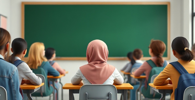 Una joven con hiyab sentada en un pupel frente a una pizarra vacía, con compañeros alrededor mirando hacia otro lado, en un ambiente de instituto de secundaria con libros y mochilas.