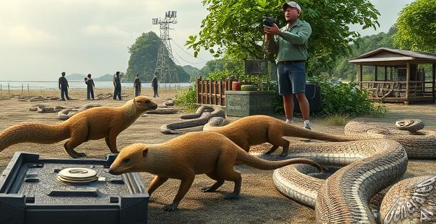 Una isla japonesa con mangostas y serpientes en su hábitat natural, con un equipo de personas capturando mangostas con trampas y cámaras de vigilancia.