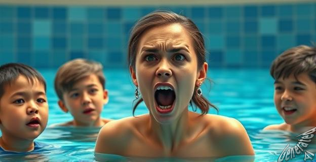 Una mujer gritando a tres menores de edad en una piscina municipal, con una expresión de odio y desprecio en su rostro.
