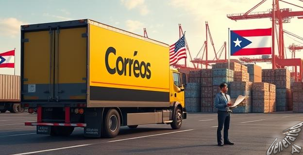 Un camión de Correos detenido en un puerto con banderas de Estados Unidos y Puerto Rico al fondo, con paquetes apilados en el suelo y trabajadores revisando documentos.