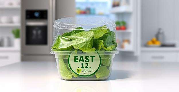 Imagen de una ensalada de bolsa con hojas verdes en un envase de plástico transparente sobre una superficie de cocina limpia, con un frigorífico abierto al fondo mostrando una temperatura de 4 °C.