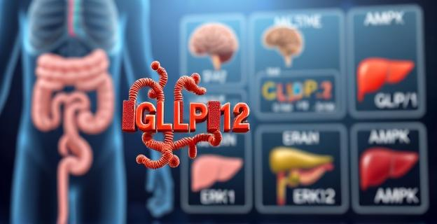 Representación visual de una molécula de GLP-1 interactuando con su receptor celular y activando vías moleculares como ERK1/2 y AMPK. En el fondo, una ilustración de intestino, cerebro, músculo e hígado mostrando los efectos del GLP-1 en diferentes órganos.