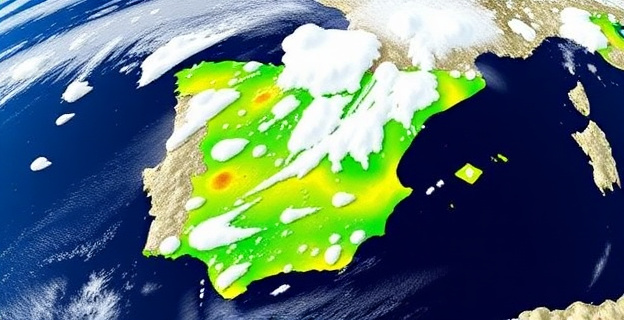 Imagen de un mapa meteorológico de España mostrando temperaturas bajo cero y zonas de nieve y lluvia intensa