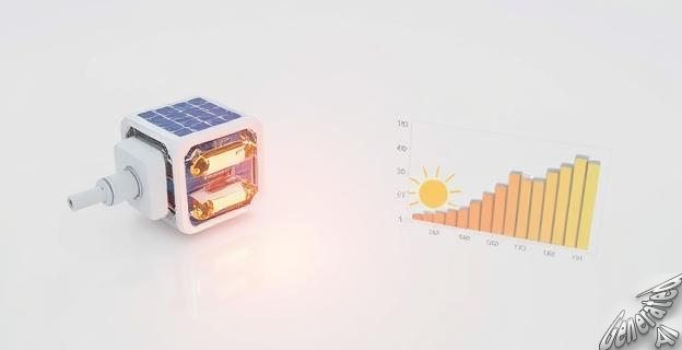 Ilustración de un dispositivo tecnológico conectado a paneles solares, con gráficos de aumento de eficiencia energética.