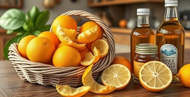 Una cesta llena de cáscaras de naranjas y limones junto a diferentes preparaciones caseras como mermeladas, infusiones y vinagre aromatizado en una cocina acogedora