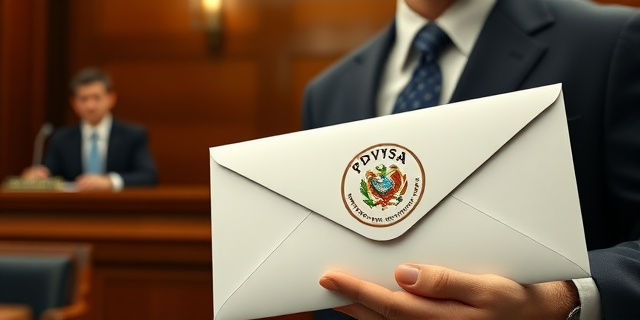 Una imagen de un sobre cerrado con un sello de la petrolera venezolana PDVSA, en la mano de un hombre con traje y corbata, que se encuentra en una sala de audiencias con un juez y un abogado.